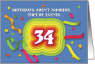 Happy 34th Birthday Celebration with confetti and streamers card