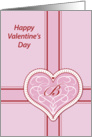 Valentines Day, monogram ’B’ with filigree pink heart, Blank Note Card