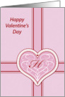 Valentines Day, monogram ’H’ with filigree pink heart, Blank Note Card