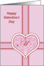 Valentines Day, monogram ’M’ with filigree pink heart, Blank Note Card