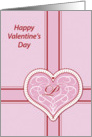 Valentines Day, monogram ’P’ with filigree pink heart, Blank Note Card