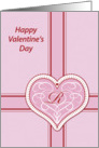 Valentines Day, monogram ’R’ with filigree pink heart, Blank Note Card