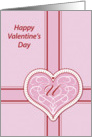 Valentines Day, monogram ’U’ with filigree pink heart, Blank Note Card