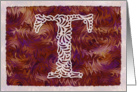 Ornamental Monogram ’T’ with warm red background card