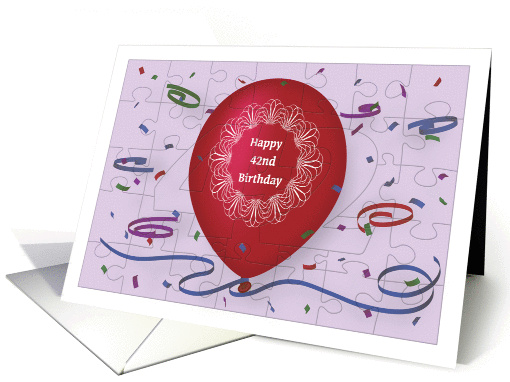 Happy 42nd Birthday with red balloon and puzzle grid card (1092750)