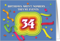 Happy 34th Birthday Celebration with confetti and streamers card