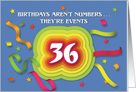 Happy 36th Birthday Celebration with confetti and streamers card
