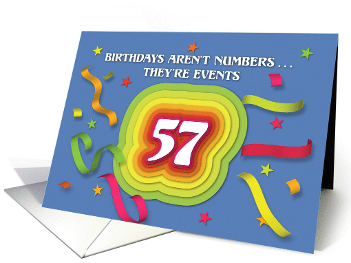 Happy 57th Birthday Celebration with confetti and streamers card