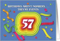 Happy 57th Birthday Celebration with confetti and streamers card