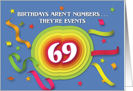 Happy 69th Birthday Celebration with confetti and streamers card