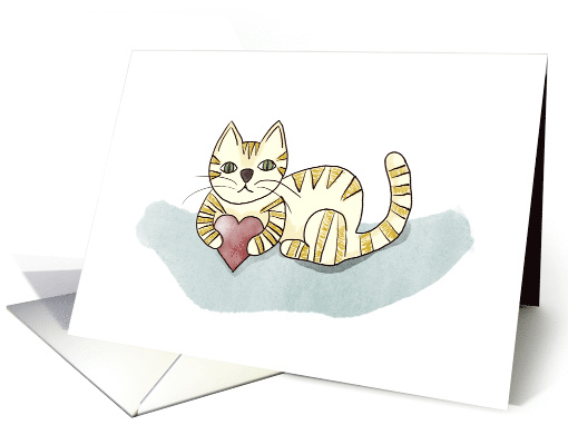 Striped Orange Cat presenting a heart on Valentine's Day card