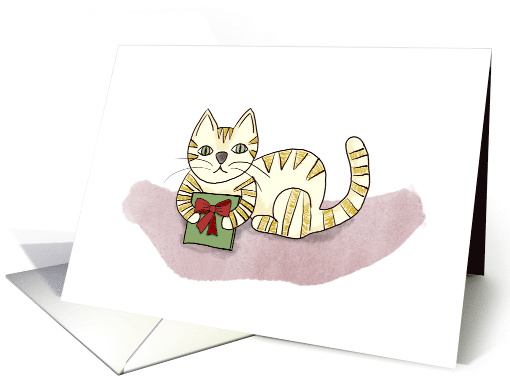 Striped Orange Cat presenting a present for Christmas card (1761900)