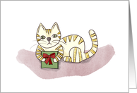 Striped Orange Cat presenting a present for Christmas card