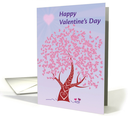 Happy Valentine's Day, colorful tree with heart shaped leaves card