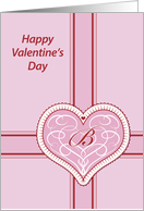 Valentines Day, monogram ’B’ with filigree pink heart, Blank Note Card