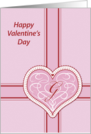 Valentines Day, monogram ’G’ with filigree pink heart, Blank Note Card