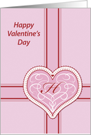 Valentines Day, monogram ’H’ with filigree pink heart, Blank Note Card
