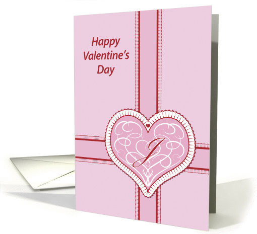 Valentines Day, monogram 'J' with filigree pink heart, Blank Note card