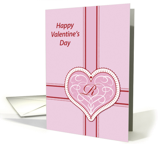 Valentines Day, monogram 'R' with filigree pink heart, Blank Note card