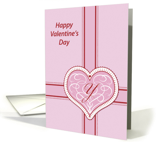 Valentines Day, monogram 'Y' with filigree pink heart, Blank Note card