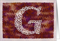 Ornamental Monogram ’G’ with warm red background card