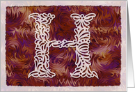 Ornamental Monogram ’H’ with warm red background card