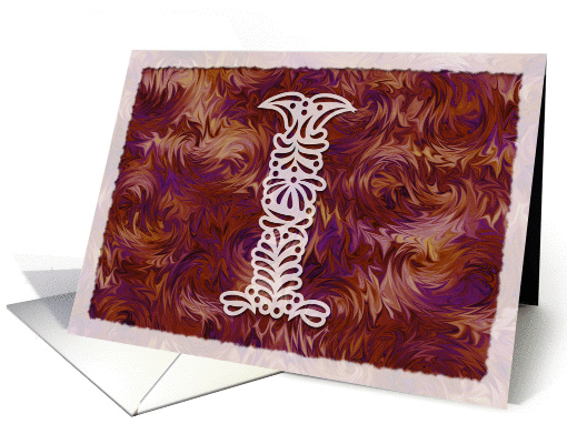 Ornamental Monogram 'I' with warm red background card (973771)