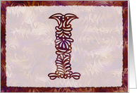 Ornamental Monogram ’I’ with warm red background card