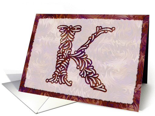 Ornamental Monogram 'K' with warm red background card (973809)