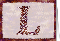 Ornamental Monogram ’L’ with warm red background card
