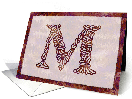 Ornamental Monogram 'M' with warm red background card (974233)