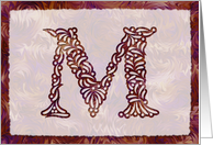 Ornamental Monogram ’M’ with warm red background card