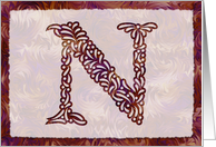 Ornamental Monogram ’N’ with warm red background card