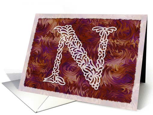 Ornamental Monogram 'N' with warm red background card (974285)