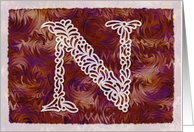 Ornamental Monogram ’N’ with warm red background card