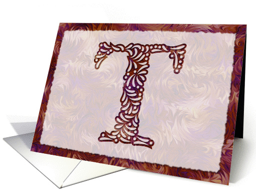 Ornamental Monogram 'T' with warm red background card (980367)