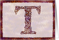 Ornamental Monogram ’T’ with warm red background card