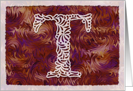Ornamental Monogram ’T’ with warm red background card