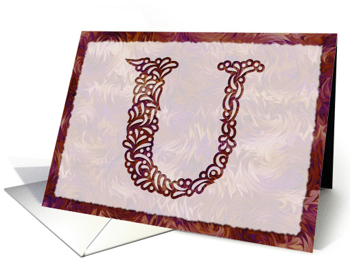Ornamental Monogram 'U' with warm red background card (980613)