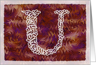 Ornamental Monogram ’U’ with warm red background card