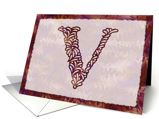 Ornamental Monogram 'V' with warm red background card (980795)