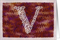 Ornamental Monogram ’V’ with warm red background card