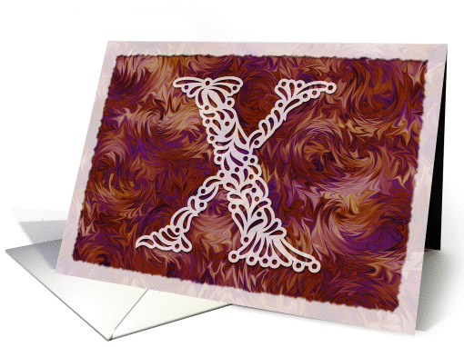 Ornamental Monogram 'X' with warm red background card (980817)