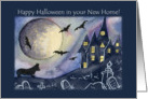 New home at Halloween, spooked corgi in a graveyard. card