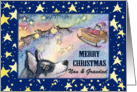 Merry Christmas Nan & Grandad, Husky reindeer with Santa’s sleigh card