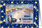 Merry Christmas Sister, Husky with Santa’s sleigh card