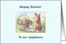 Happy Easter to our neighbours, Corgi dog decorating Easter eggs card