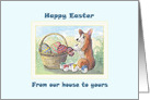 Happy Easter our house to yours, Corgi dog decorating Easter eggs card