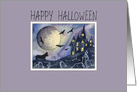 Happy Halloween, spooked corgi dog near a haunted house card