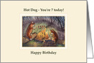 Happy 7th Birthday card, Corgis cooking on a camp fire card